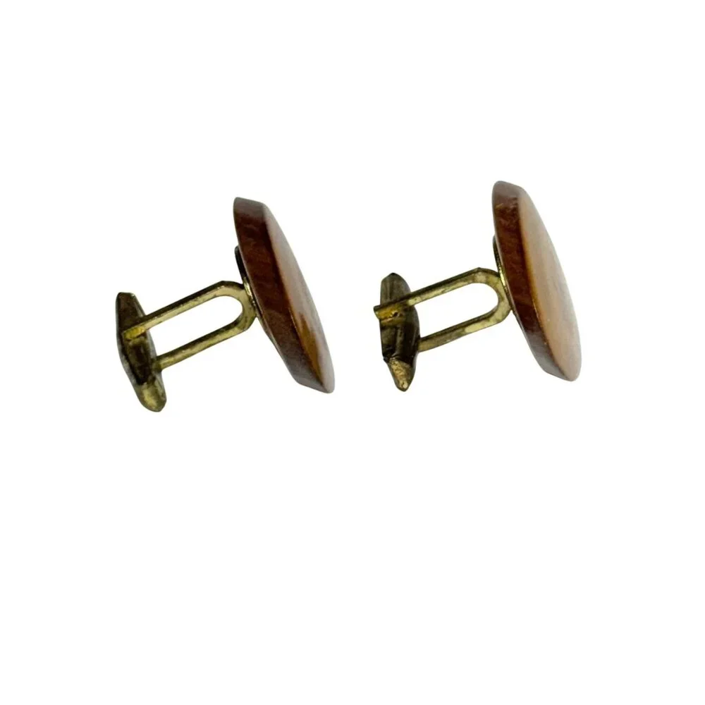 Vintage Natural Wood Disk Cufflinks Tree Rings Gold-Tone Woodworker